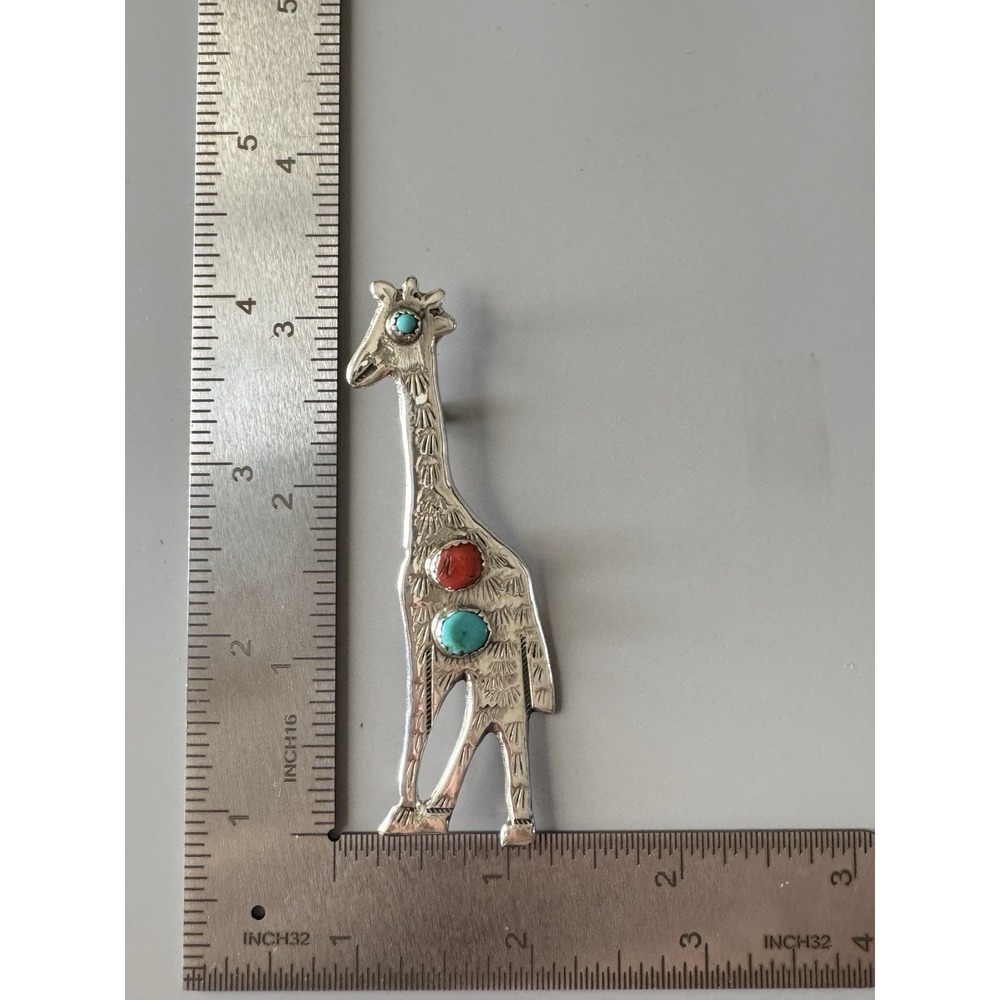 Navajo Huge Sterling Silver Giraffe Brooch Turquoise & Coral 16.4g - Picture 5 of 10